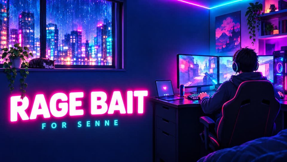Cover art for Rage Bait: a gamer's bedroom at night with a pink neon title